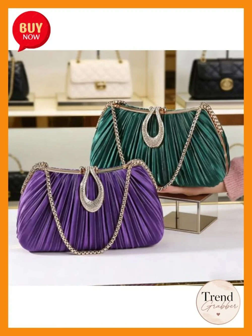Elegant Evening Bag with Crystal Lock & Dual Chains - Soft Clutch for Women